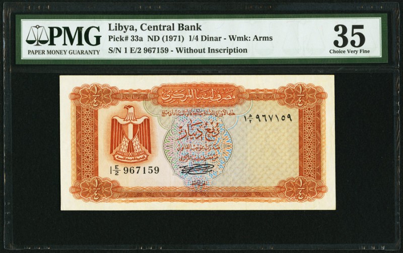 Libya Central Bank of Libya 1/4 Dinar ND (1971) Pick 33a PMG Choice Very Fine 35...