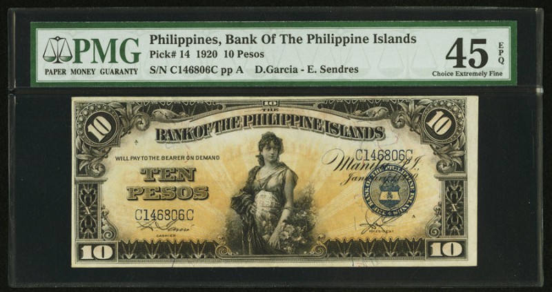 Philippines Bank of the Philippine Islands 10 Pesos 1920 Pick 14 PMG Choice Extr...