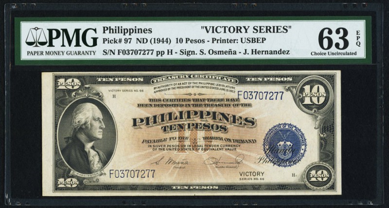 Philippines Victory Series 10 Pesos ND (1944) Pick 97 PMG Choice Uncirculated 63...