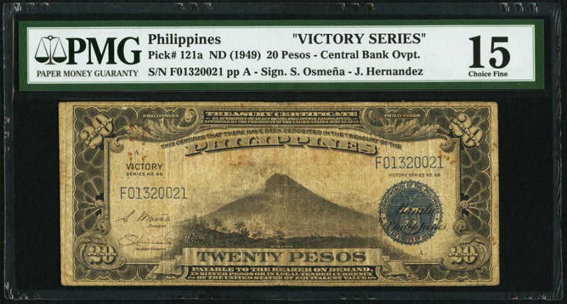 Philippines Victory Series 20 Pesos ND (1949) Pick 121a PMG Choice Fine 15. Rust...