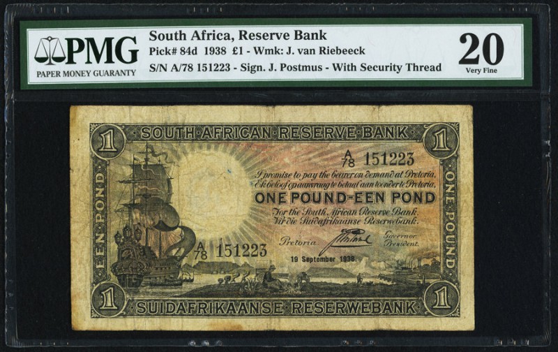 South Africa South African Reserve Bank 1 Pound 19.9.1938 Pick 84d PMG Very Fine...