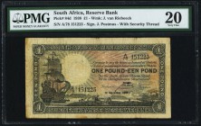 South Africa South African Reserve Bank 1 Pound 19.9.1938 Pick 84d PMG Very Fine 20. The scarce A/78 prefixed variety with metal strip. 

HID098012420...
