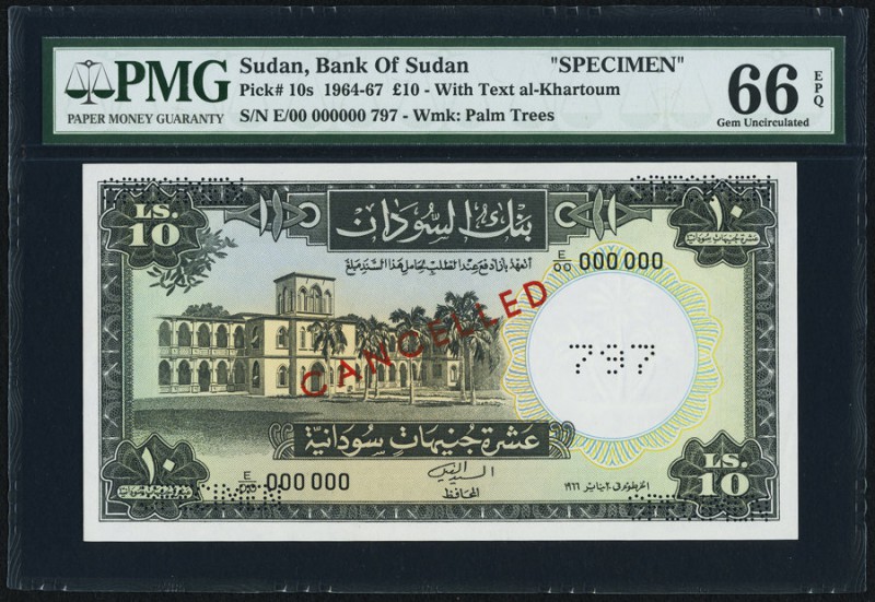 Sudan Bank of Sudan 10 Pounds 1964-67 Pick 10s Specimen PMG Gem Uncirculated 66 ...
