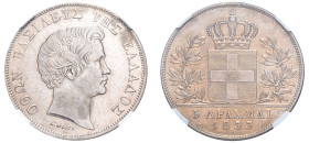 Greece, King Otto, 1832-1862. 5 Drachmai, 1833, First Type, Munich mint (KM20; Divo 10a; Dav. 115).

Graded AU Details, Harshly Cleaned NGC.