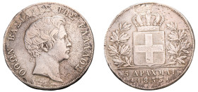 Greece, King Otto, 1832-1862. 5 Drachmai, 1833 A, First Type, Paris mint, variety with die break (Κοτσίδα) left of neck, 21.59g (KM20; Divo 10b; Dav. ...
