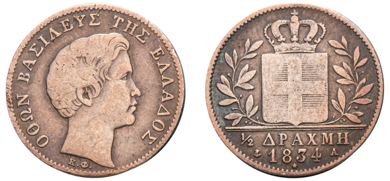 Greece, King Otto, 1832-1862. 1/2 Drachma, 1834 A, First Type, Paris mint, 2.17g...