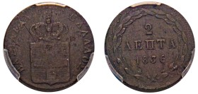 Greece, King Otto, 1832-1862. 2 Lepta, 1836, First Type, Munich mint (KM14; Divo 25d).

Key date with strong details for issue.

Graded VF Details...