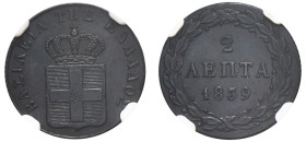 Greece, King Otto, 1832-1862. 2 Lepta, 1839, First Type, Athens mint (KM14; Divo 25g).

Graded UNC Details, Environmental Damage NGC.