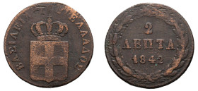 Greece, King Otto, 1832-1862. 2 Lepta, 1842, First Type, Athens mint, 2.40g (KM14; Divo 25i).

Fine.
