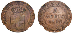 Greece, King Otto, 1832-1862. 5 Lepta, 1842, First Type, Athens mint (KM16; Divo 21i).

Graded VF35BN NGC.

From the “Athanasios” Collection, purchase...