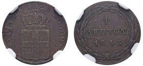 Greece, King Otto, 1832-1862. Lepton, 1843, First Type, Athens mint (KM13; Divo 29k).

Graded AU Details, Scratches NGC.

From the “Athanasios” Collec...
