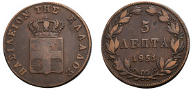 Greece, King Otto, 1832-1862. 5 Lepta, 1851, Fourth Type, Athens mint, 6.34g (KM32; Divo 24a).

Very fine.

From the “Athanasios” Collection, purchase...