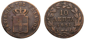 Greece, King Otto, 1832-1862. 10 Lepta, 1851, Third Type, Athens mint, 12.74g (KM29; Divo 20f).

Very fine.