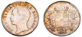 Greece, King Otto, 1832-1862. 1/4 Drachma, 1851, Second Type, Vienna mint (KM33; Divo 17a).

Graded AU Details, Holed/Plugged PCGS.