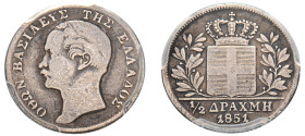 Greece, King Otto, 1832-1862. 1/2 Drachma, 1851, Second Type, Vienna mint (KM34; Divo 15a).

Very rare.

Graded VG10 PCGS.