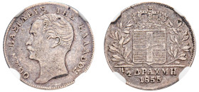 Greece, King Otto, 1832-1862. 1/2 Drachma, 1855, Second Type, Vienna mint, variety with “dot” in front of head (KM34; Divo 15b).

Graded VF Details, O...