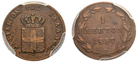 Greece, King Otto, 1832-1862. Lepton, 1857, Fourth Type, Athens mint (KM30; Divo 32b).

Graded VF35BN PCGS.