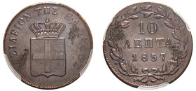 Greece, King Otto, 1832-1862. 10 Lepta, 1857, Third Type, Athens mint (KM29; Divo 20g).

Graded UNC Details, Planchet Flaw PCGS.