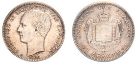 Greece, King George I, 1863-1913. Drachma, 1868 A, First Type, Paris mint (KM38; Divo 53a; IV3).

About uncirculated with silver grey tone and sharp d...