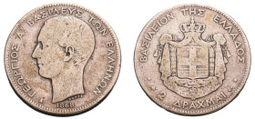 Greece, King George I, 1863-1913. 2 Drachmai, 1868 A, First Type, Paris mint, 9.76g (KM39; Divo 51a; IV4). 

Fine.