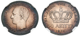 Greece, King George I, 1863-1913. 50 Lepta, 1874 A, First Type, Paris mint (KM37; Divo 55b; IV2).

Exceptional toning.

Graded MS62 NGC.

From the “At...