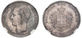 Greece, King George I, 1863-1913. Drachma, 1874 A, First Type, Paris mint (KM38; Divo 53c; IV3).

Two light scratches on obverse.

Graded MS61 CCG...