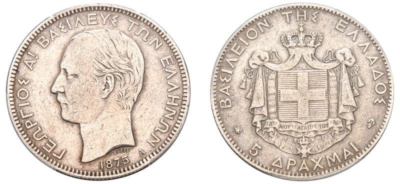 Greece, King George I, 1863-1913. 5 Drachmai, 1875 A, First Type, Paris mint, va...