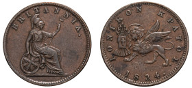 Greece, Ionian Islands, British Administration, 1809-1863. Lepton, 1834, variety with a full 4 (with both vertical and horizontal small bars), 1.88g (...