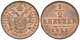 Austria - Impero Austriaco (1804-1867) - Franz Joseph I (1848-1916) - 1/2 Kreuzer 1851 A - Mint: Vienna - Cu - gr. 2,73 - KM#2181

FDC

SPEDIZIONE...