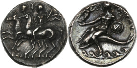 Calabre, Tarente (281-272 Av. J-C)
Statère (c. 275 Av. J-C)
Av. Les Dioscures galopant à gauche.
Rv. Taras nu, chevauchant un dauphin à gauche.
HN Ita...