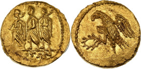 Dacie, Burébista (82-42 av. J.-C.)
Statère d'Or de type Koson (c 50-44 Av. J-C)
Av. KOΣΩN. Consul entre deux licteurs.
Rv. Aigle debout à gauche sur u...