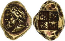 Mysie, Cyzique (500-450 Av. J-C)
Statère d'électrum.
Av. Tête de Pan couronnée de lierre au dessus d'un thon.
Rv. Carré creux quadripartit.
Avec son c...