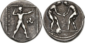 Pamphylie, Aspendos (420-370 Av. J-C)
Statère (c. 370 Av. J-C)
Av. Deux lutteurs s'affrontant.
Rv. Frondeur debout à droite, sous son bras, un triskèl...