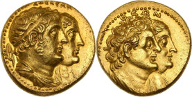 Royaume lagide, Ptolémée II (283-246 Av. J-C)
Octodrachme d'or (272-270 Av. J-C)
Av. Bustes accolés à droite de Ptolémée II et d'Arsinoé II. Derrière,...