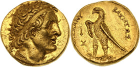 Royaume lagide, Ptolémée II (283-246 Av. J-C)
Pentadrachme d’or (275-274 avant J-C)
Av. Tête diadémée de Ptolémée Ier à droite
Rv. Aigle à gauche sur ...