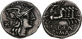 P. Maenius M.f. Antiaticus
Denier (132 av. J.-C.), Rome.
Av. Tête casquée de Rome à droite.
Rv. ROMA Sol conduisant un quadrige au galop à droite.
Cra...