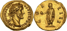 Antonin le Pieux (138-161)
Aureus (153-154), Rome.
Av. Tête laurée à droite.
Rv. Antonin le Pieux debout à gauche tenant un globe. 
Calicó 1526.
7,29 ...