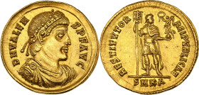 VALENS (364-378)
Solidus (364-367), Cysique.
Av. Buste diadémé et drapé à droite.
Rv. SMKA L'empereur debout de face, la tête tounée à droite. 
RIC 2c...