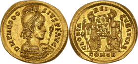Théodose II (402-450)
Solidus 415, Constantinople.
Av. Buste casqué et cuirassé à droite.
Rv. Rome à gauche et Constantinople à droite tenant un boucl...