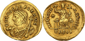 Léo II (457-474)
Solidus (462-466), Thessalonique.
Av. Buste couronné à gauche tenant la mappa de la main droite et une croix de la main gauche.
Rv. L...