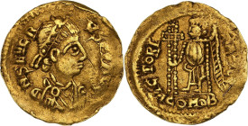 Wisigoths, au nom de Libius Severus (461-470)
Trémissis (474-475 ), Toulouse
Av. Buste diadémé et drapé à droite.
Rv. La Victoire debout à gauche tena...
