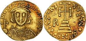 Lombards, Duché de Benevent, Romuald II (706-731), au nom de Justinien II.
Solidus (706-731).
Av. Bustes couronnés de face de Romuald II.
Rv. Croix po...