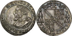 Alsace, évêchés de Strasbourg et Metz, Charles de Lorraine (1593-1607)
Teston 1604, Strasbourg.
Av. Tête laurée du Duc à droite.
Rv. Croix formée de q...