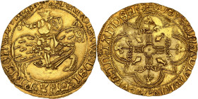 Bretagne, François Ier (1442-1450)
Écu d'or au chevalier ND, R, Rennes.
Av. Francois I à cheval galopant à droite, portant un bouclier aux armoiries d...