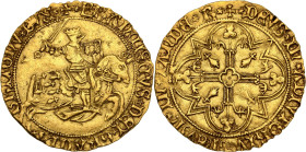 Bretagne, François II (1450-1457)
Écu d'or au chevalier ND, R, Rennes.
Av. Francois II à cheval galopant à droite, portant un bouclier aux armoiries d...
