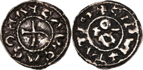 Carcasonne, Raymond I.
Denier
Av. Croix cantonnée au 2 d’un oméga, au 3 d’un trait.
Rv. Monogramme dégénéré d'Eudes.
CLR.L131 
1,48 g. TB .