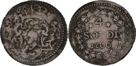 Corse, Pasquale Paoli (1762-1768)
4 soldi, 1766 Murato
Av. Tête de maure timbrée sur un écu couronné festonné soutenu par deux divinités marines armée...