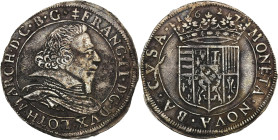 Lorraine, François II (1634-1675)
Teston 1627, Badonviller.
Av. Buste à droite de François II, drapé et cuirassé, avec un petit col plat.
Rv. Écu aux ...