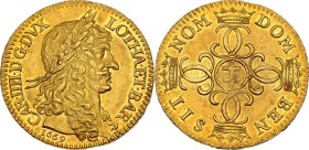 Lorraine, Charles IV duc de Lorraine, réintégration (1661-1670)
Charles d'or 1669, Nancy.
Av. Tête laurée du Duc à droite.
Rv. Croix formée de quat...