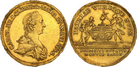 Lorraine, décès d'Anne-Charlotte de Lorraine
Jeton 1773 en or.
Av. Buste à droite d'Anne-Charlotte de Lorraine avec écharpe d'hermine.
Rv. Tombeau sur...